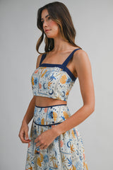 DEMI CONTRAST SQUARE NECK CROP TOP AND MINI SKIRT SET