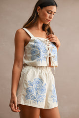 ROBYN EMBROIDERED FRONT TIE TUNIC TOP AND SHORTS SET