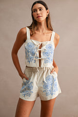 ROBYN EMBROIDERED FRONT TIE TUNIC TOP AND SHORTS SET