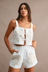 ROBYN EMBROIDERED FRONT TIE TUNIC TOP AND SHORTS SET