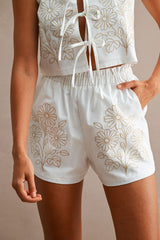 ROBYN EMBROIDERED FRONT TIE TUNIC TOP AND SHORTS SET