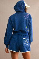 MONICA EMBROIDERED TERRY HOODIE AND SHORTS SET