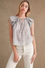 JANELLE DITZY FLORAL PRINT RUFFLE SLEEVE TOP