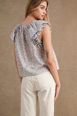JANELLE DITZY FLORAL PRINT RUFFLE SLEEVE TOP