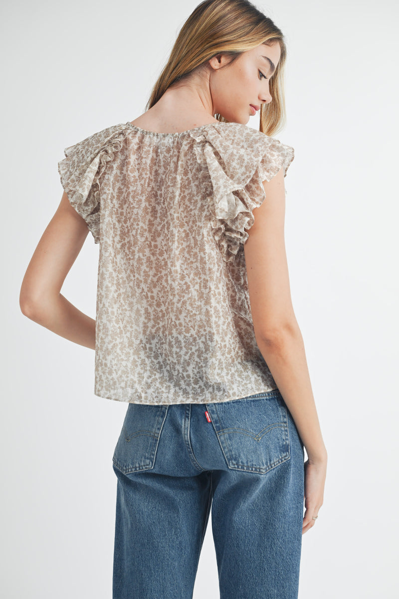 CALISTA DITZY FLORAL PRINT RUFFLE SLEEVE TOP