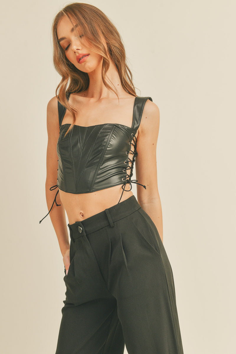 SALLY SIDE CORSET LEATHER CROP TOP