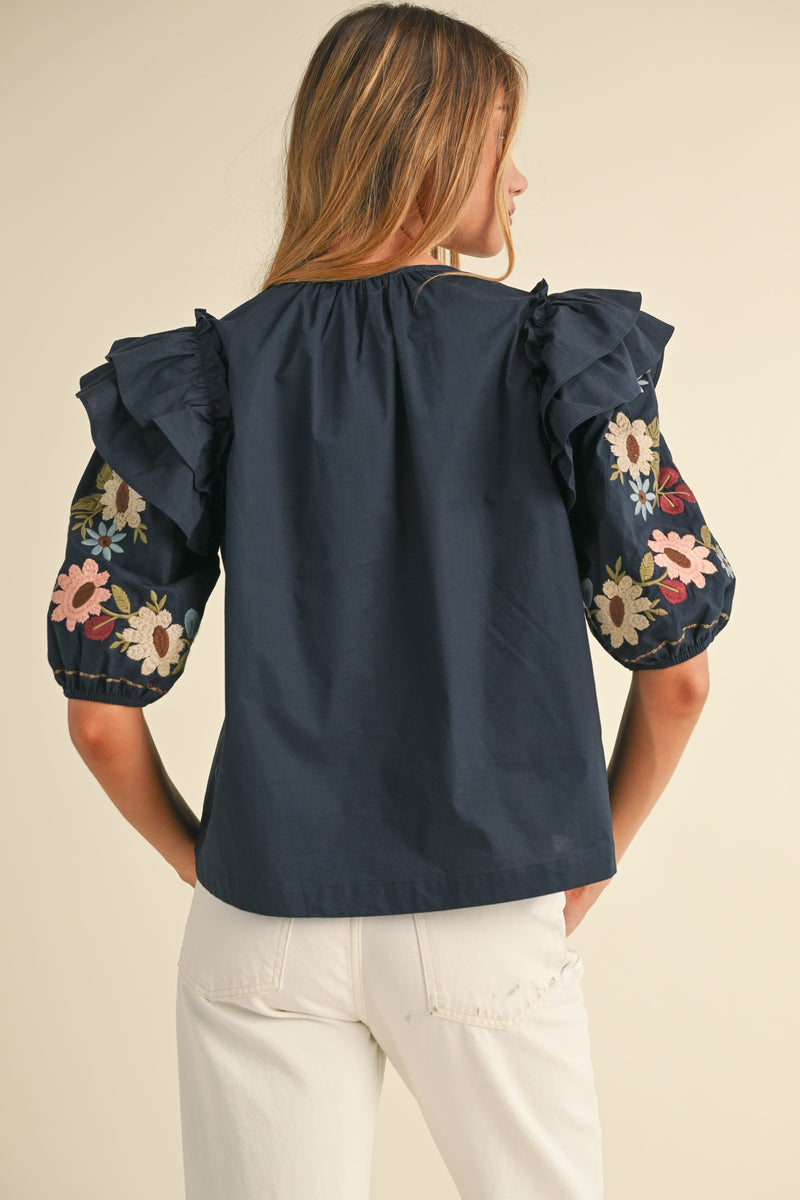 ALLEGRA EMBROIDERED RUFFLE SHOULDER PUFF SLEEVE TOP