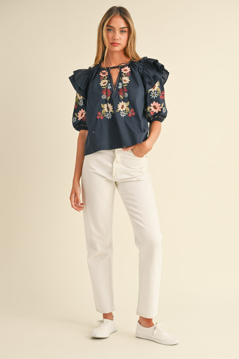 ALLEGRA EMBROIDERED RUFFLE SHOULDER PUFF SLEEVE TOP