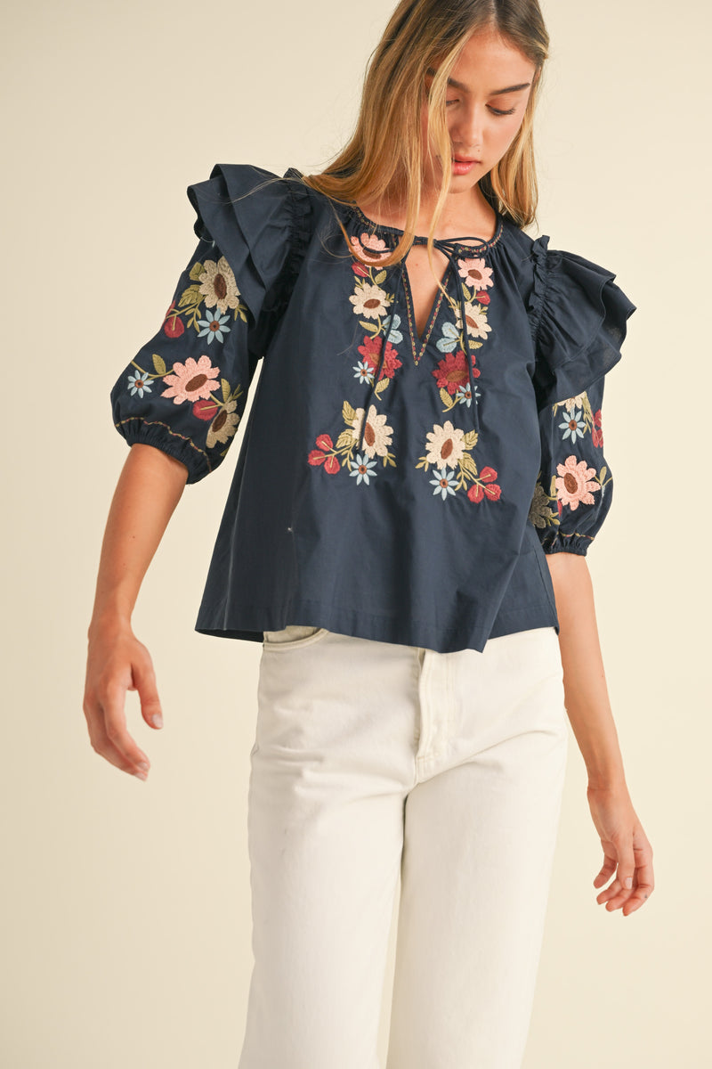 ALLEGRA EMBROIDERED RUFFLE SHOULDER PUFF SLEEVE TOP