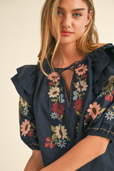 ALLEGRA EMBROIDERED RUFFLE SHOULDER PUFF SLEEVE TOP