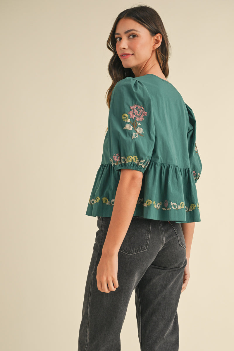 MAYA EMBROIDERED PUFF SLEEVE RUFFLE TIE TOP