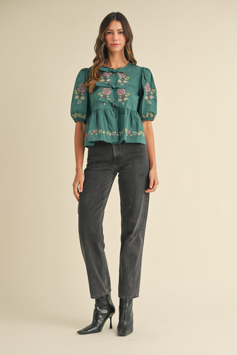 MAYA EMBROIDERED PUFF SLEEVE RUFFLE TIE TOP