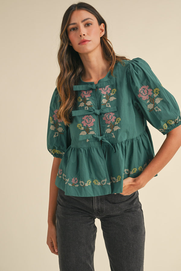 MAYA EMBROIDERED PUFF SLEEVE RUFFLE TIE TOP
