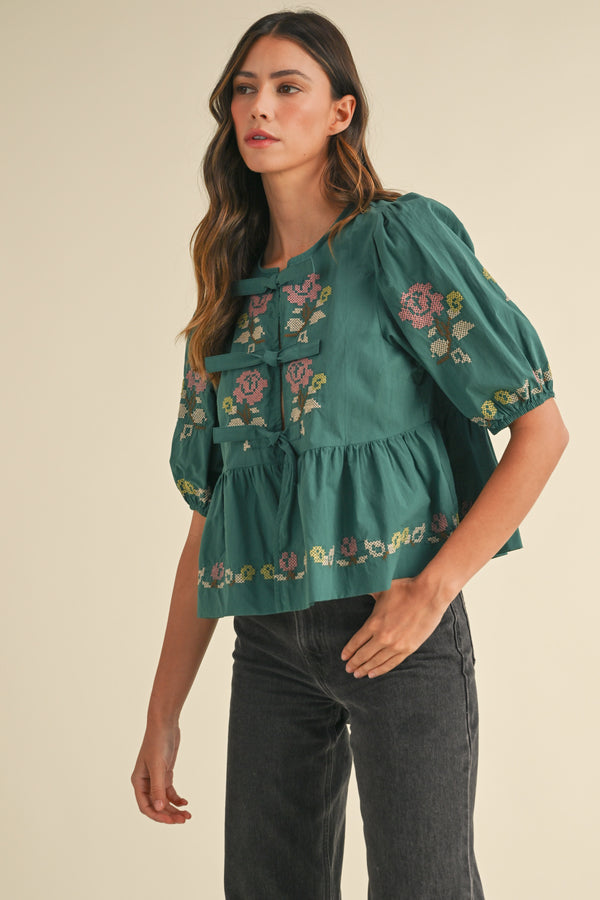 MAYA EMBROIDERED PUFF SLEEVE RUFFLE TIE TOP