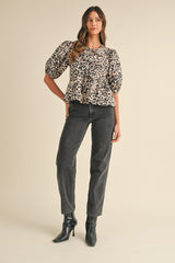 MAJA LEOPARD PUFF SLEEVE PEPLUM FRONT TIE TOP