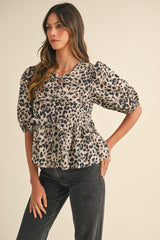 MAJA LEOPARD PUFF SLEEVE PEPLUM FRONT TIE TOP