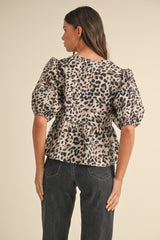 MAJA LEOPARD PUFF SLEEVE PEPLUM FRONT TIE TOP