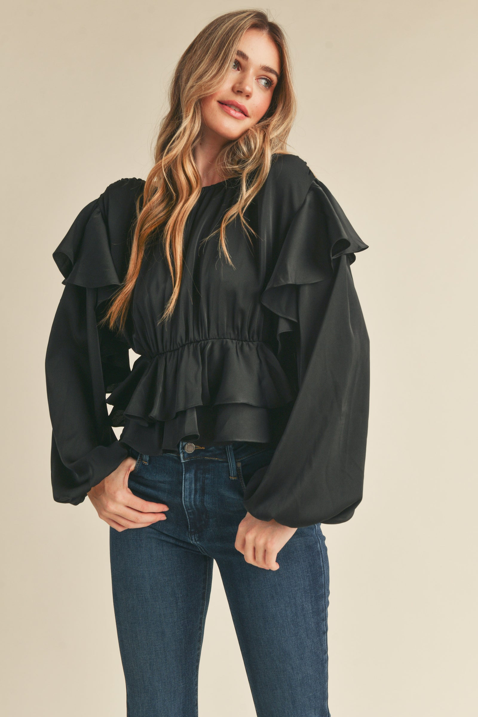 Drew dk factory gray ruffle detail long sleeve blouse