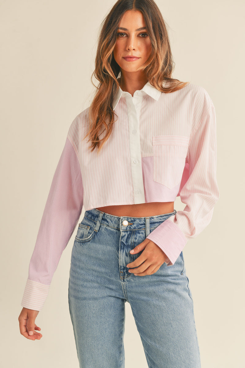 ZIA BUTTON DOWN STRIPE MIX CROP SHIRT