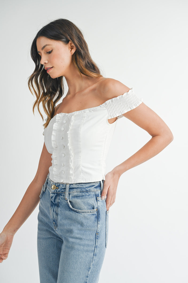 LIZETTE RUFFLED OFF SHOULDER CORSET TOP