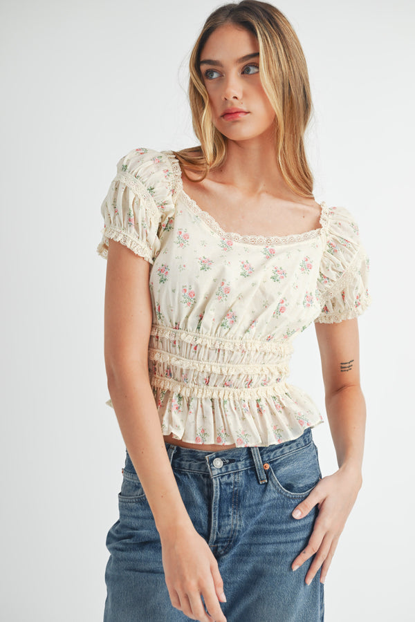 EVALYNN FLORAL PRINT WITH RUFFLED TRIM AND PUFFY SLEEVES TOP