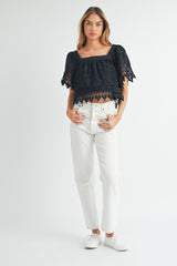 HELIOS SQUARE NECK CROCHET LACE TOP