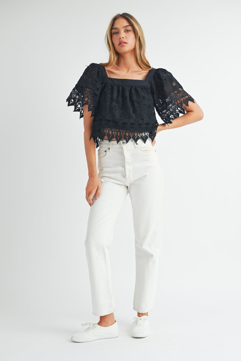 HELIOS SQUARE NECK CROCHET LACE TOP