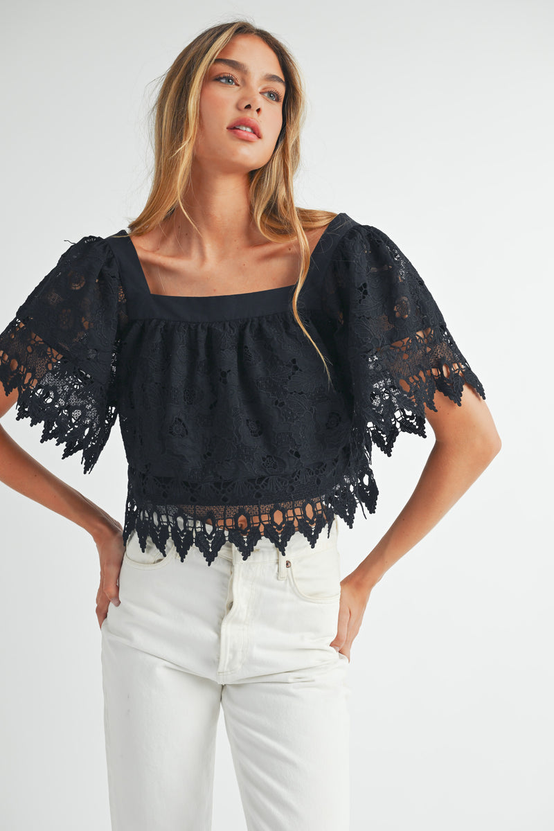 HELIOS SQUARE NECK CROCHET LACE TOP