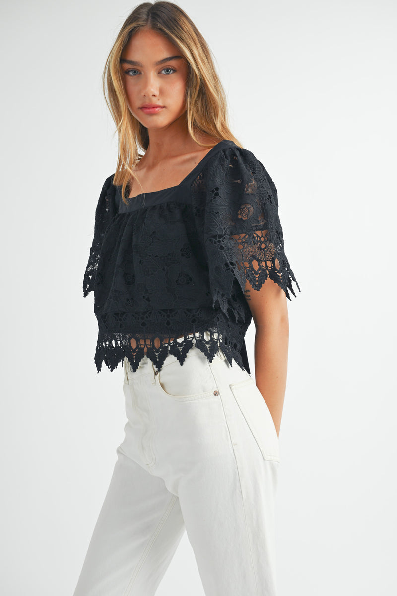 HELIOS SQUARE NECK CROCHET LACE TOP