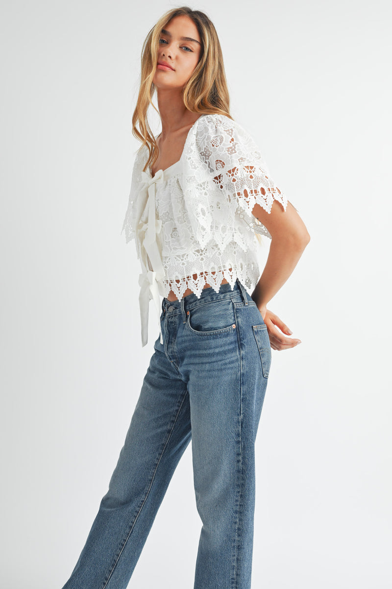 HELIOS SQUARE NECK CROCHET LACE TOP