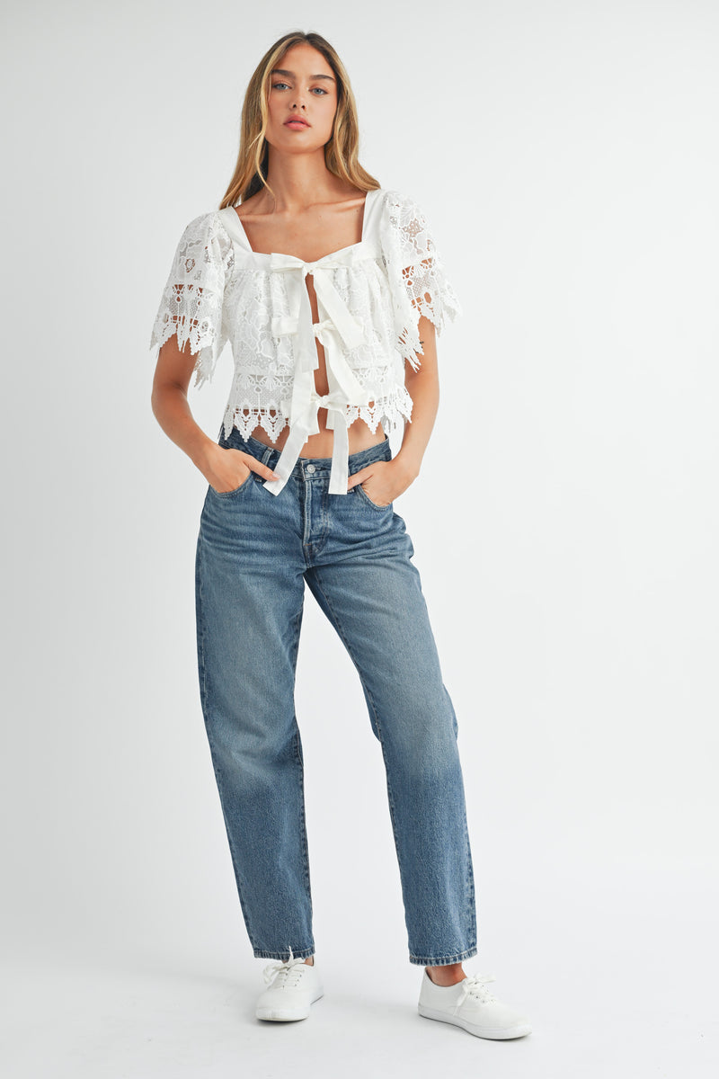 HELIOS SQUARE NECK CROCHET LACE TOP