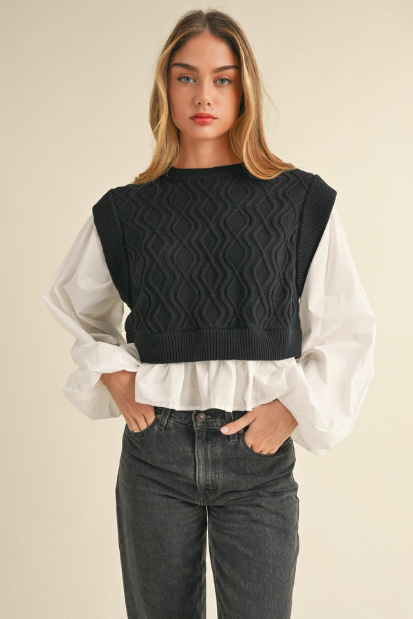MURPHY KNIT WOVEN MIX BALLOON SLEEVE TOP