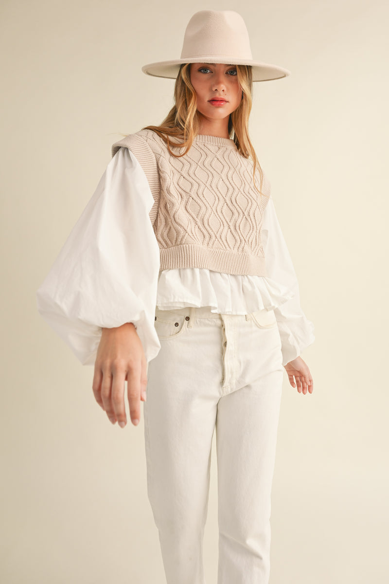 MURPHY KNIT WOVEN MIX BALLOON SLEEVE TOP
