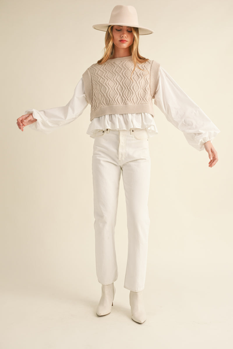 MURPHY KNIT WOVEN MIX BALLOON SLEEVE TOP