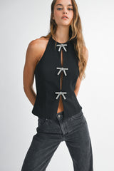GWENDOLYN JEWEL BOW SLIT HALTER TOP