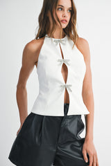 GWENDOLYN JEWEL BOW SLIT HALTER TOP