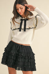 ELOWEN BOW TIE RUFFLE KNIT TOP