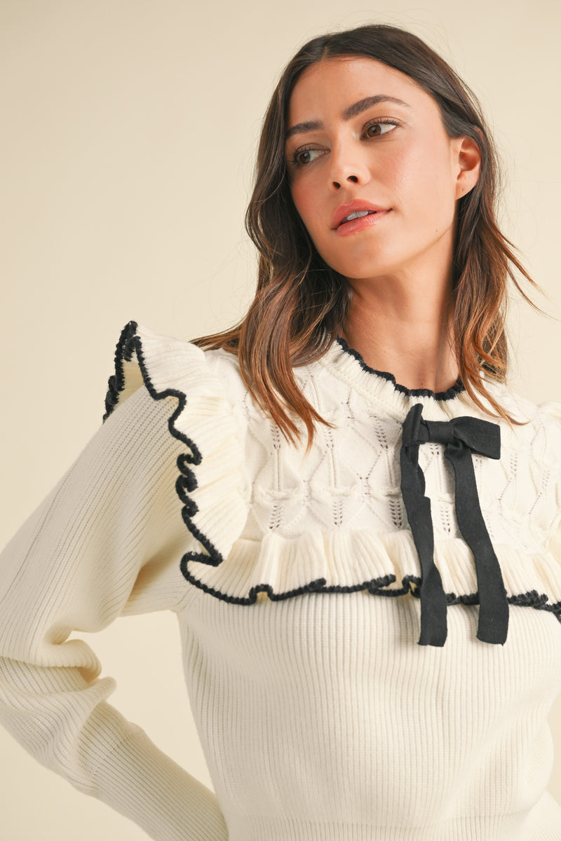 ELOWEN BOW TIE RUFFLE KNIT TOP