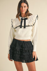 ELOWEN BOW TIE RUFFLE KNIT TOP