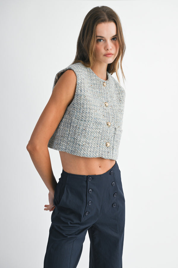 LILLIANNA TWEED FRONT POCKET CROP VEST