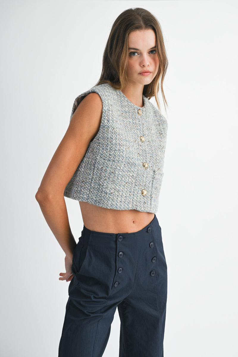 LILLIANNA TWEED FRONT POCKET CROP VEST