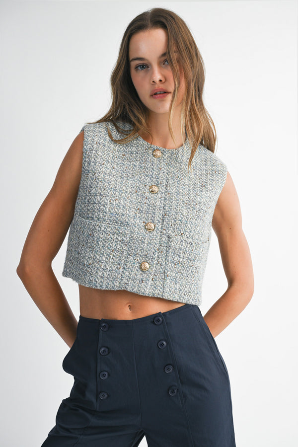 LILLIANNA TWEED FRONT POCKET CROP VEST