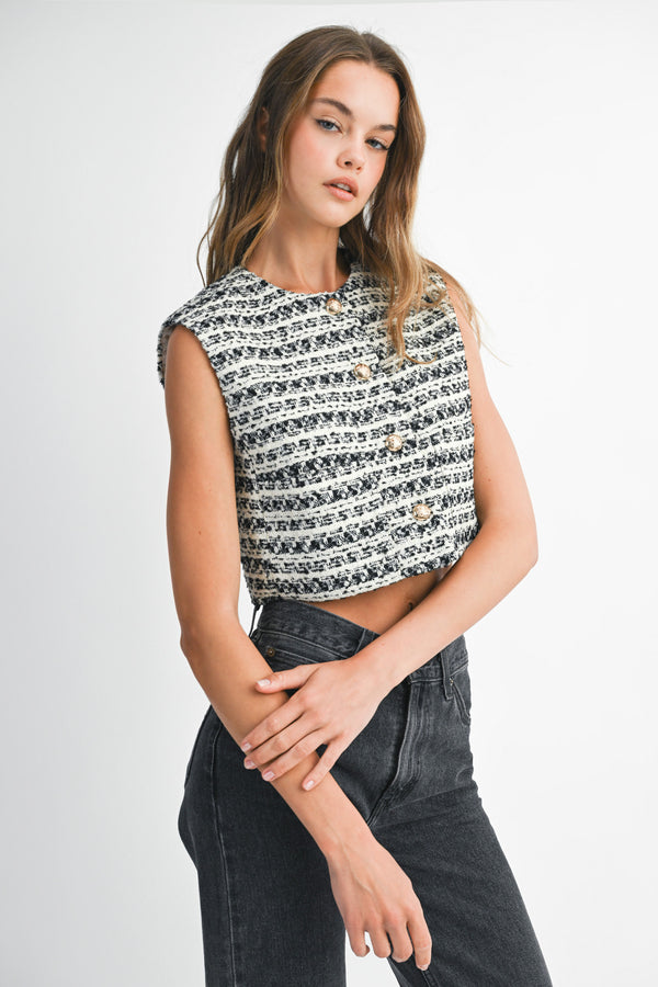 DIJONAI TWEED FRONT POCKET CROP VEST