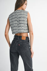 DIJONAI TWEED FRONT POCKET CROP VEST