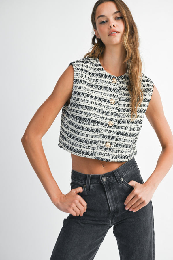 DIJONAI TWEED FRONT POCKET CROP VEST