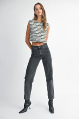 DIJONAI TWEED FRONT POCKET CROP VEST