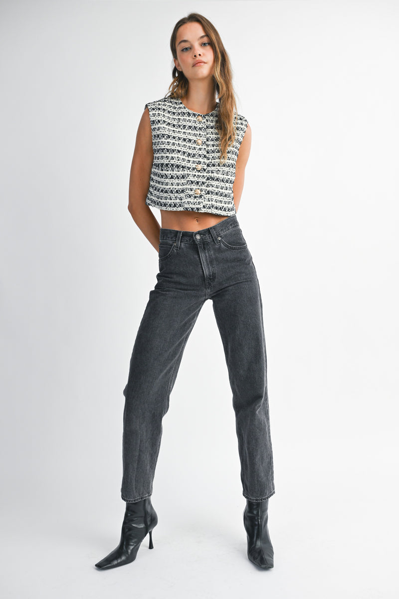 DIJONAI TWEED FRONT POCKET CROP VEST