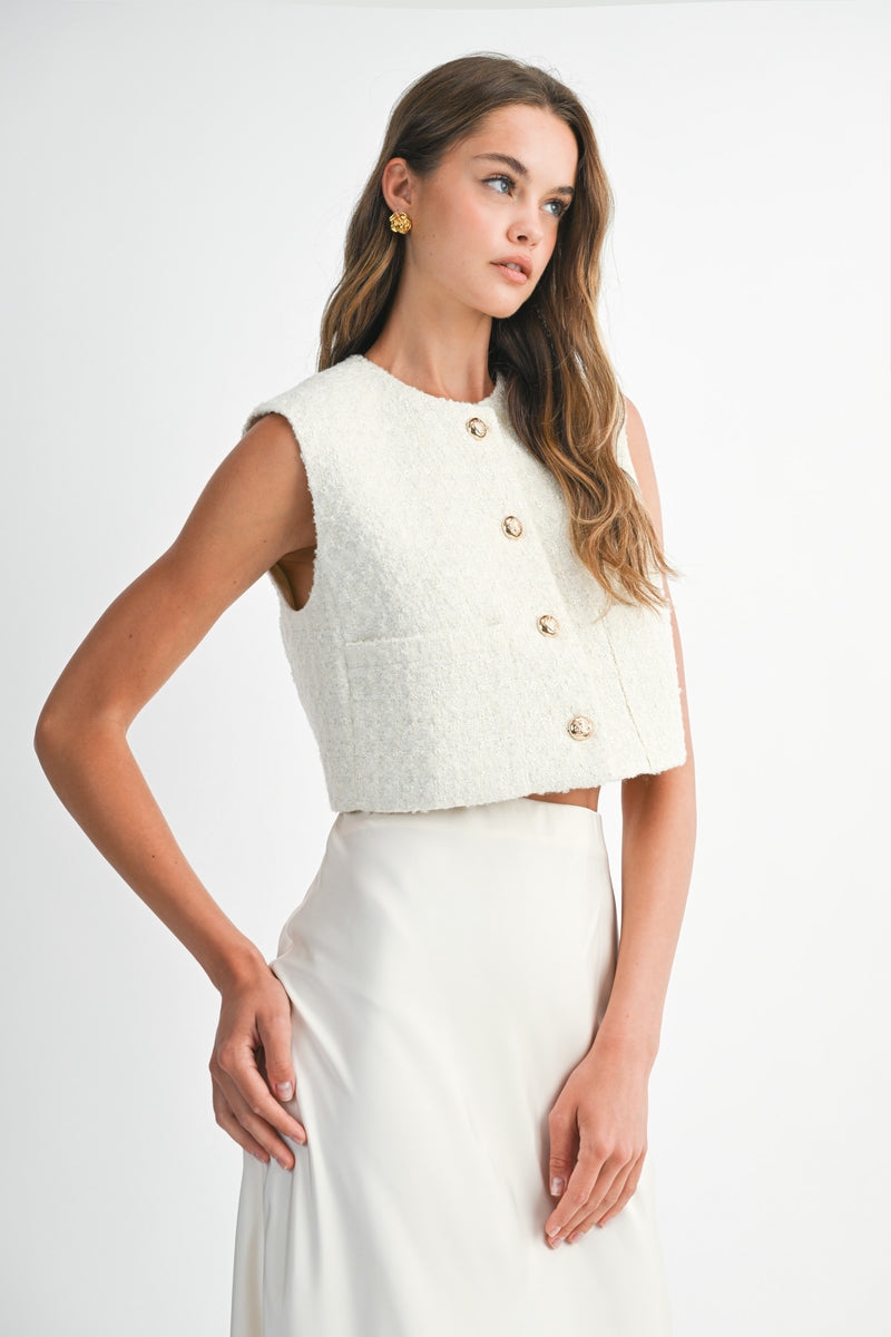 DIJONAI TWEED FRONT POCKET CROP VEST