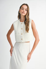 DIJONAI TWEED FRONT POCKET CROP VEST