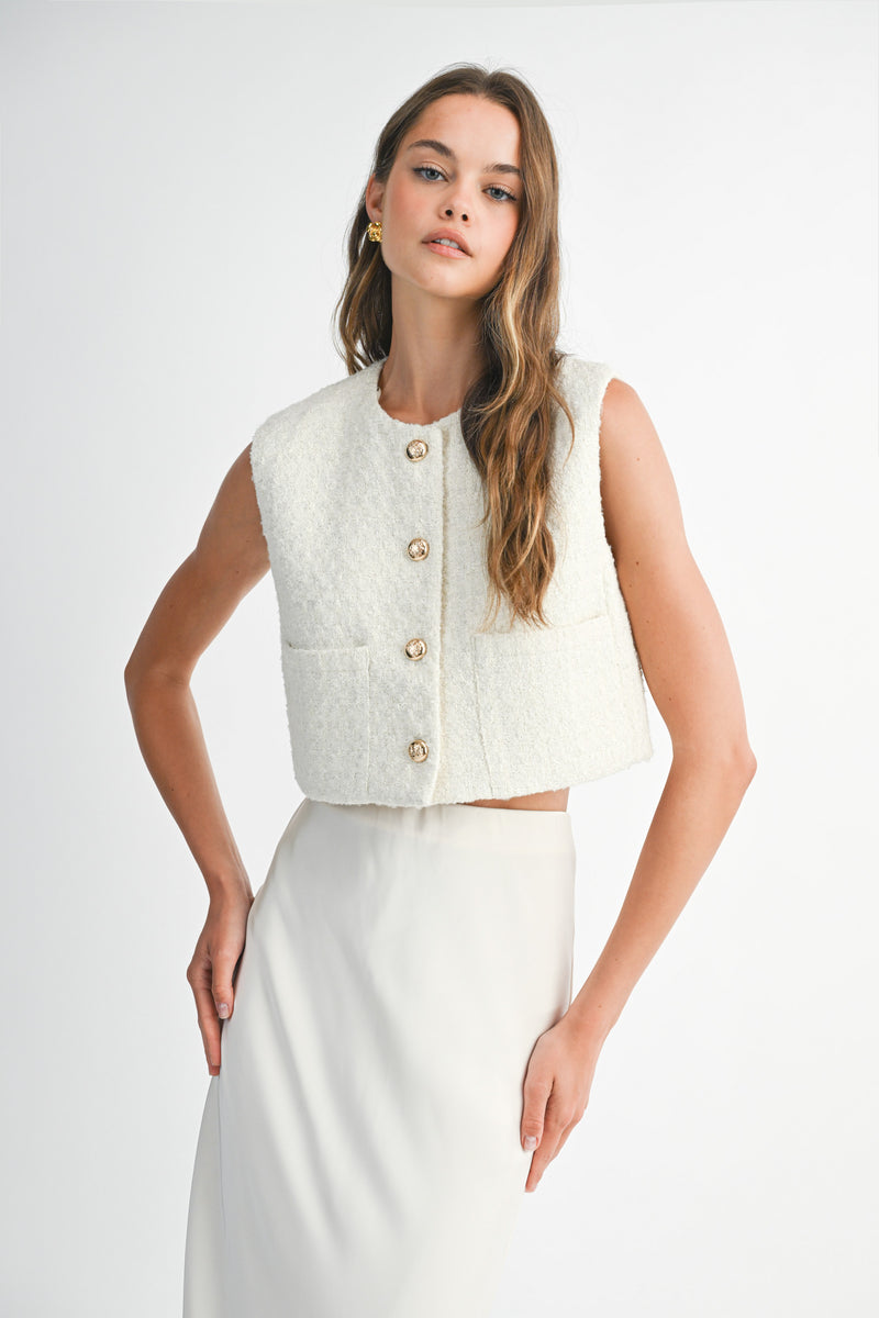DIJONAI TWEED FRONT POCKET CROP VEST